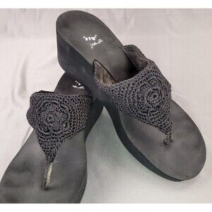 Yellow Box Flip Flops Crochet Woven Boho High Wedge Platform Sandals Black 11